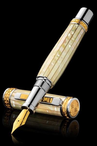 Pitchman Closer White Mother of Pearl Fountain Pen in 22 Karat Gold and Palladium
